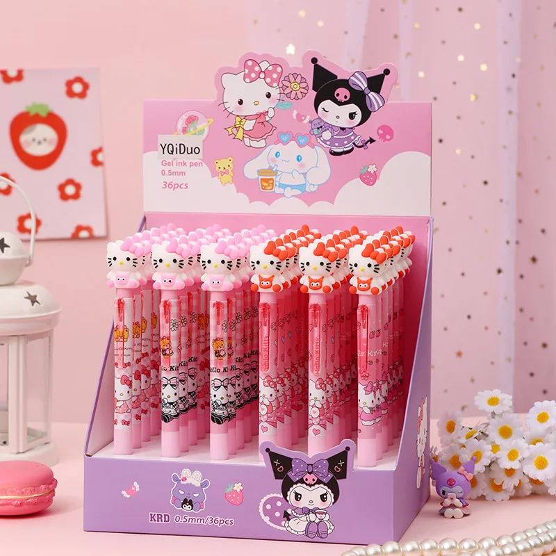 

36pcs Sanrio Kitty Cat Pink Doll Cartoon Press Pen Cute Neutral Pen Black Signature Pen Student Stationery Supplies Wholesale