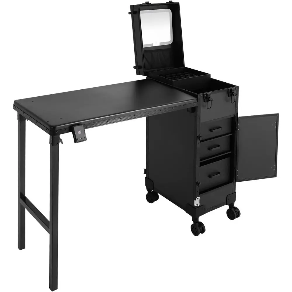 

Portable Rolling Manicure Table with LED Light & Mirror, Travel Makeup Train Case Storage Organizer for Beauty Professionals