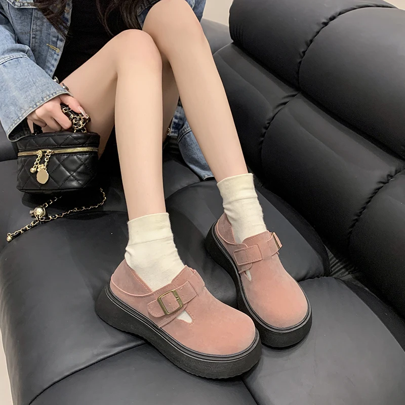 Women Platform Shoes 2024 Spring Fall High-heel Retro Women Loafers Casual Genuine Leather Suede Mules for Ladies Platform Shoes