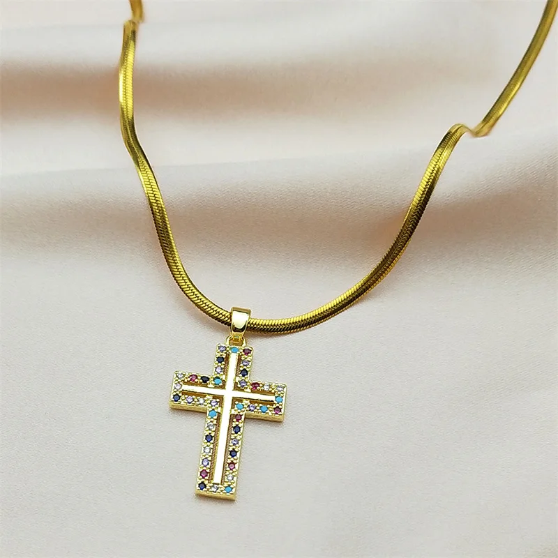 Colorful Jesus Cross Pendant Necklace for Women Stainless Steel Gold Plated Copper Zircon Religious Amulet Jewelry Party Gift