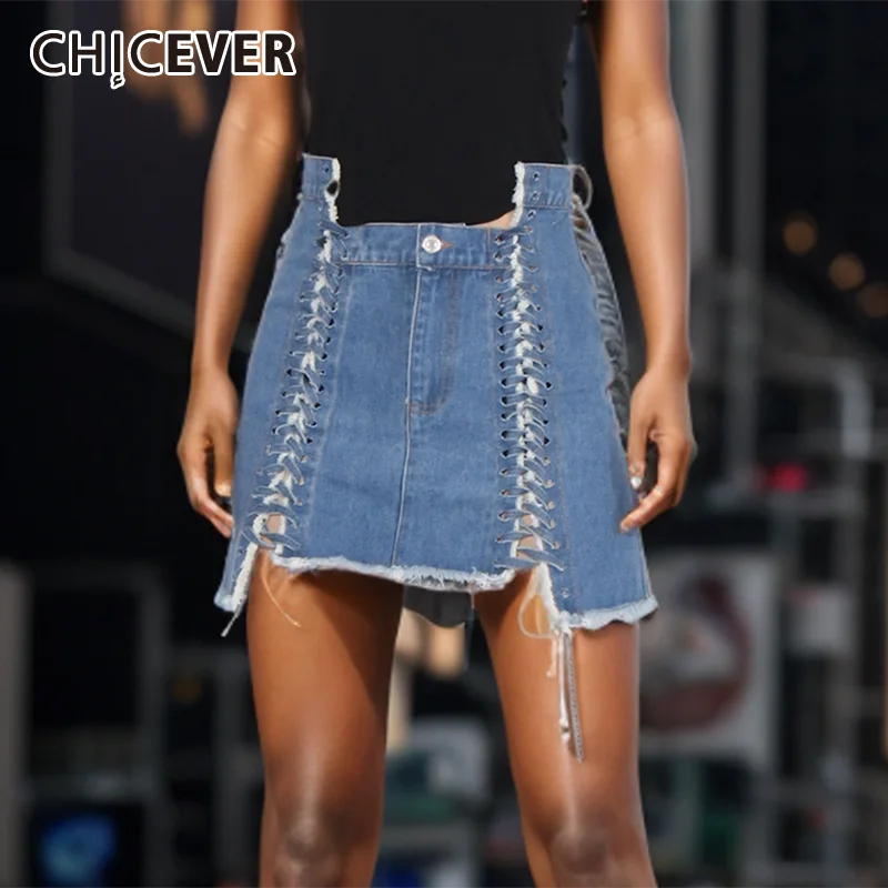 

CHICEVER Patchwork Bandage Irregular Mini Skirt For Women High Waist Spliced Button Tassel Hem Denim Skirts Female Clothing New