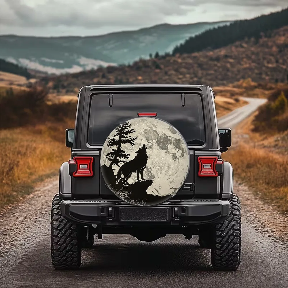 Moonlit Wolf Shadow Printed Spare Tire Cover Universal Wheel Protection for Camping Mountain Driving