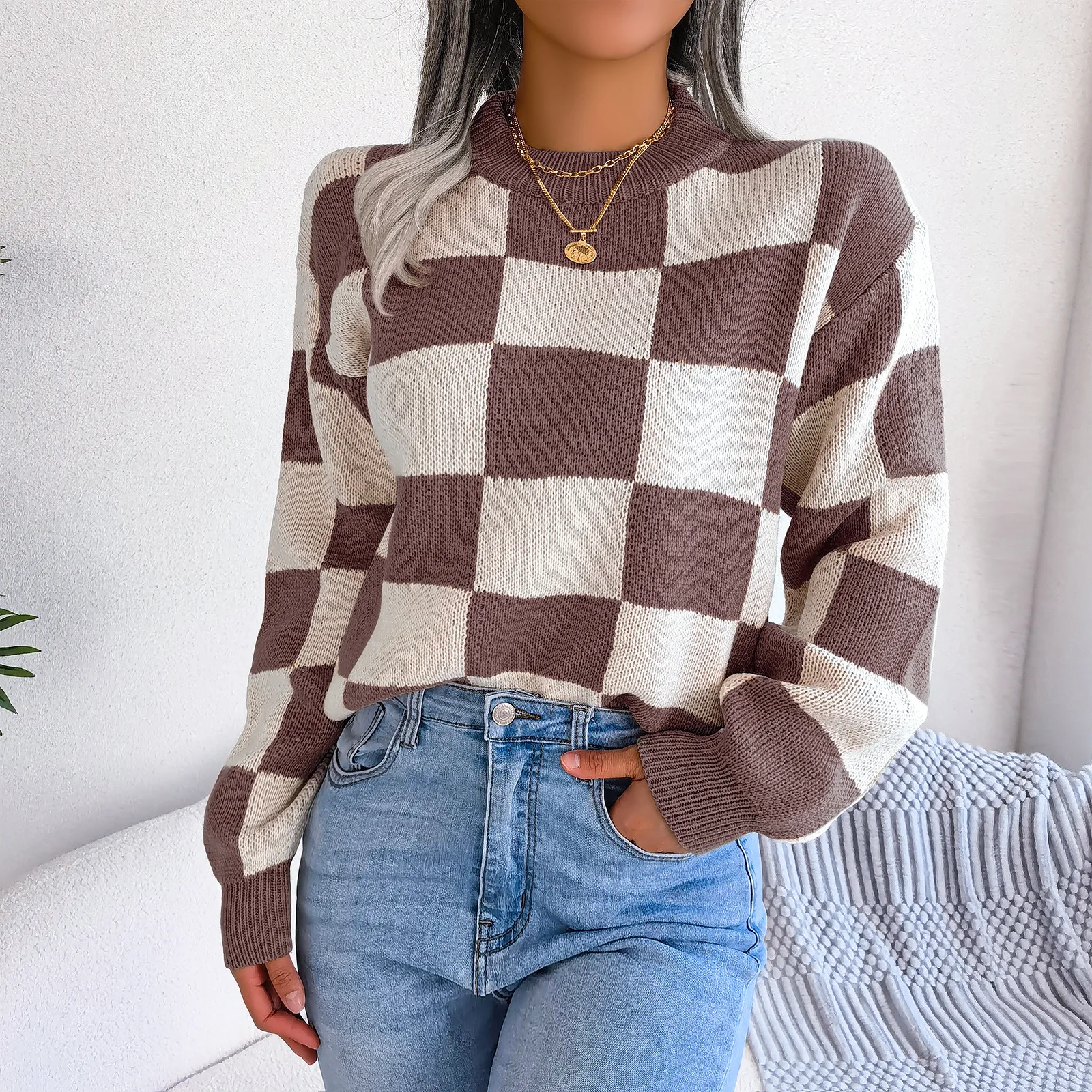 Women Fall Autumn Winter Knit Sweater Cozy Plaid Long Sleeve Crew Neck Sweater Y2K Street Date Pullover Ribbed KnittD Jumper Top