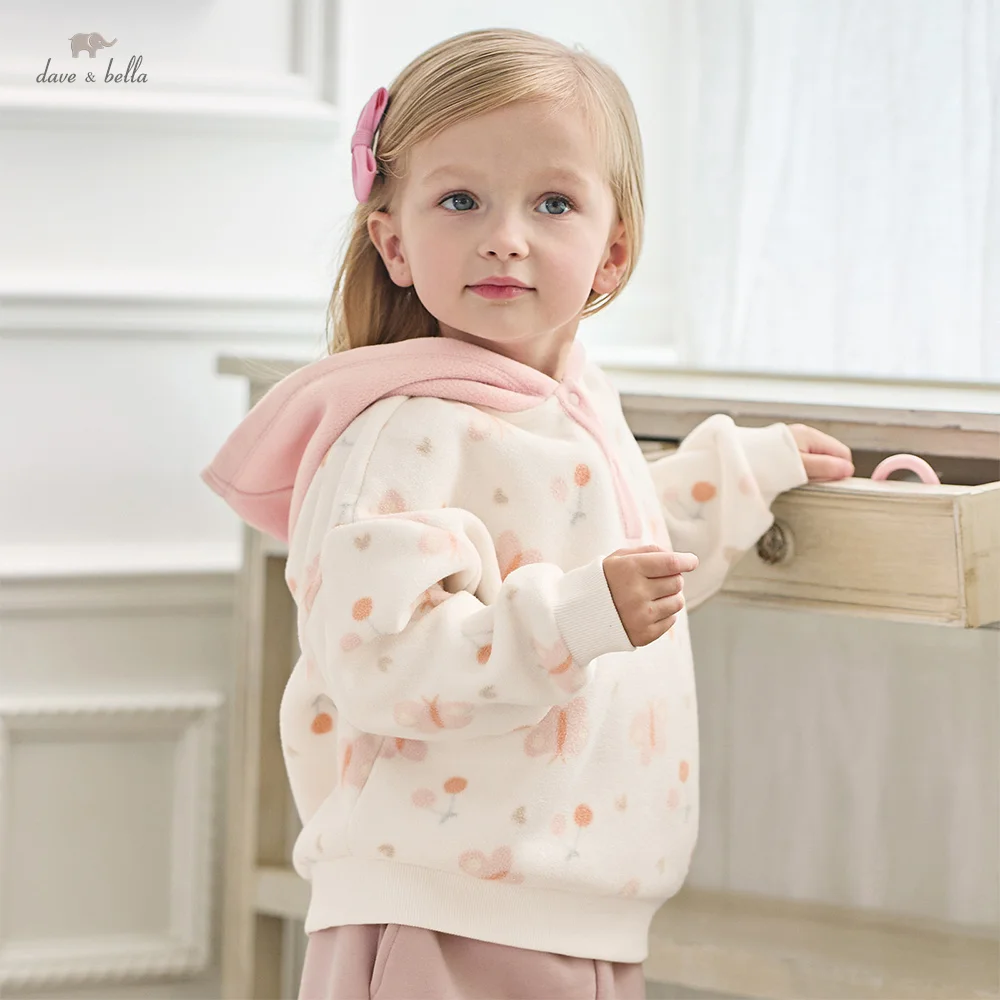 Dave Bella Girls Pullover Autumn Winter Butterfly Print Baby Plush Warm Sweatshirt Kid Sportswear Children Cute Hoodie DB4254781