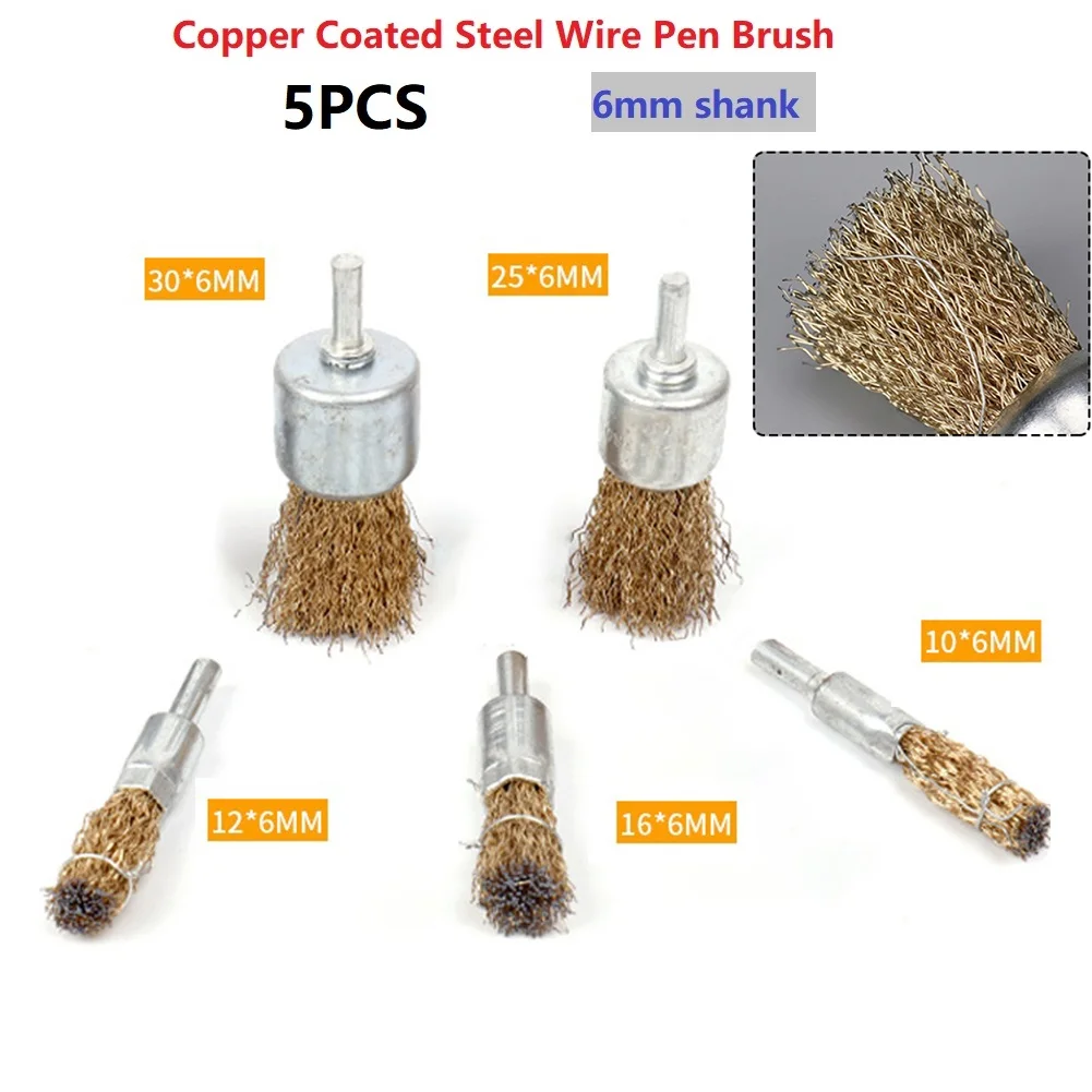 Rotary Tool Wire Brushes Workshop 5Pcs/Set 6mm Shank Hand Tools Replacement Accessory Copper Plating For Drill Grinder