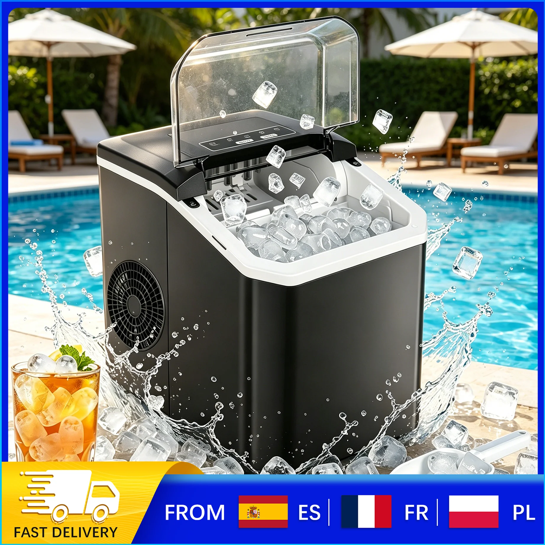 Machine à glaçons sphériques portable, fabrication rapide en 6-9 min, 120W, 12kg/24h, autonettoyante et avec capteur infrarouge, pour la maison, les fêtes et l'extérieur