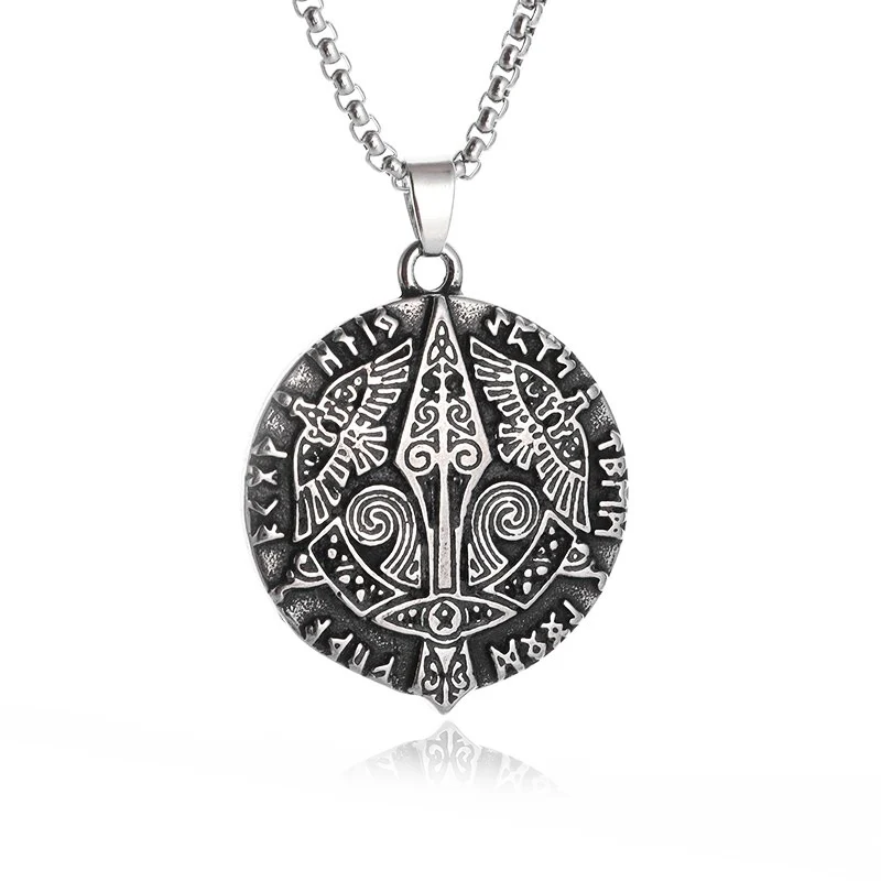 Stainless Steel Norse Mythology Spear Sword Mystic Rune Pendant Men Women Celtic Three Ravens Necklace Jewelry