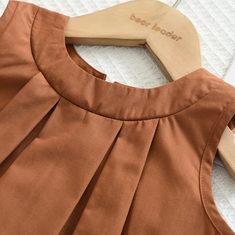 Bear Leader Khaki Vest+Striped Wide Leg Pants Summer Two-piece Set Daily Simple Sleeveless Children\'s Clothing for 3-7 Years Old