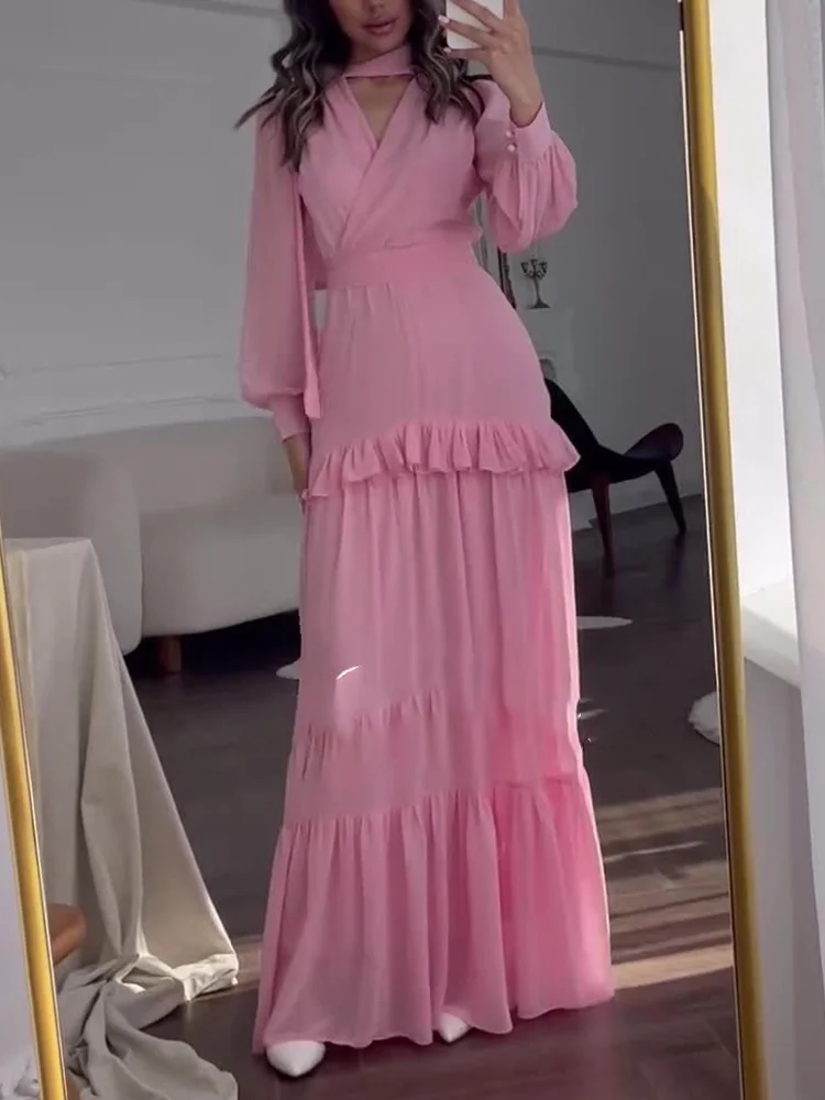 

Temperament High Waist Ruffles Banquet Dress Autumn New V-neck Spliced Long Dresses Elegant Hollow Out Long Sleeve Evening Dress