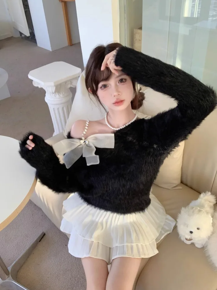 Ezgaga Knitted Crop Tops Women Vintage Bow Slash Neck Off Shoulder Sweater Vintage Ins Fashion Female Sexy Pullover Sweet