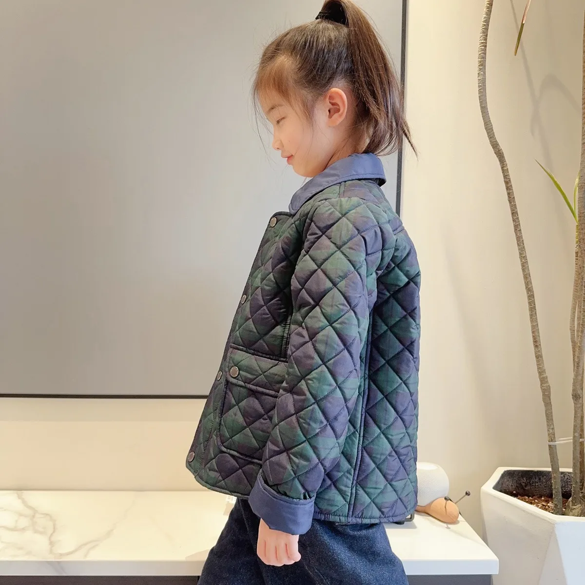 Spring new children's clothing, children's green checkered lapel thin cotton jacket, unisex cotton jacket for boys and girls