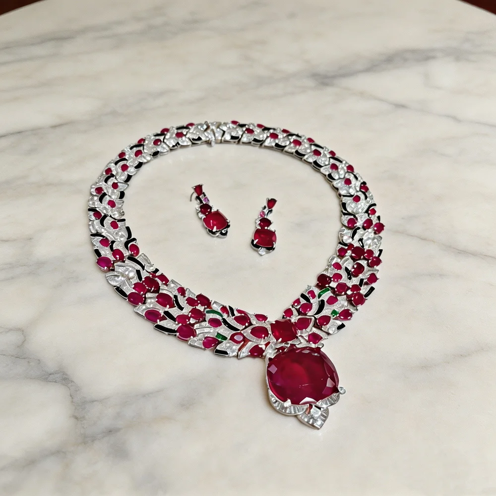 Designer Gorgeous Style Earrings Necklace Inlay Cubic Zircon Synthetic Ruby Black Enamel Party Jewelry Sets view 5