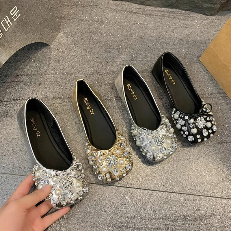 Plus Size Rhinestone Gold Wedding Shoes Bridal Shoes Comfortable Flat Square Toe Shoes for Women