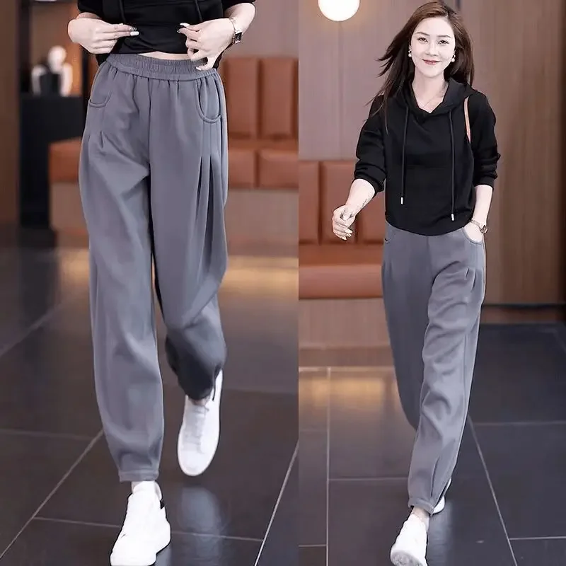 スリムでファッショナブルなカジュアルパンツ、足首に紐を結ぶスポーツパンツ、伸縮性のあるハーレムパンツ、プラスサイズの女性向け、新作ハイウエストルーズフィット