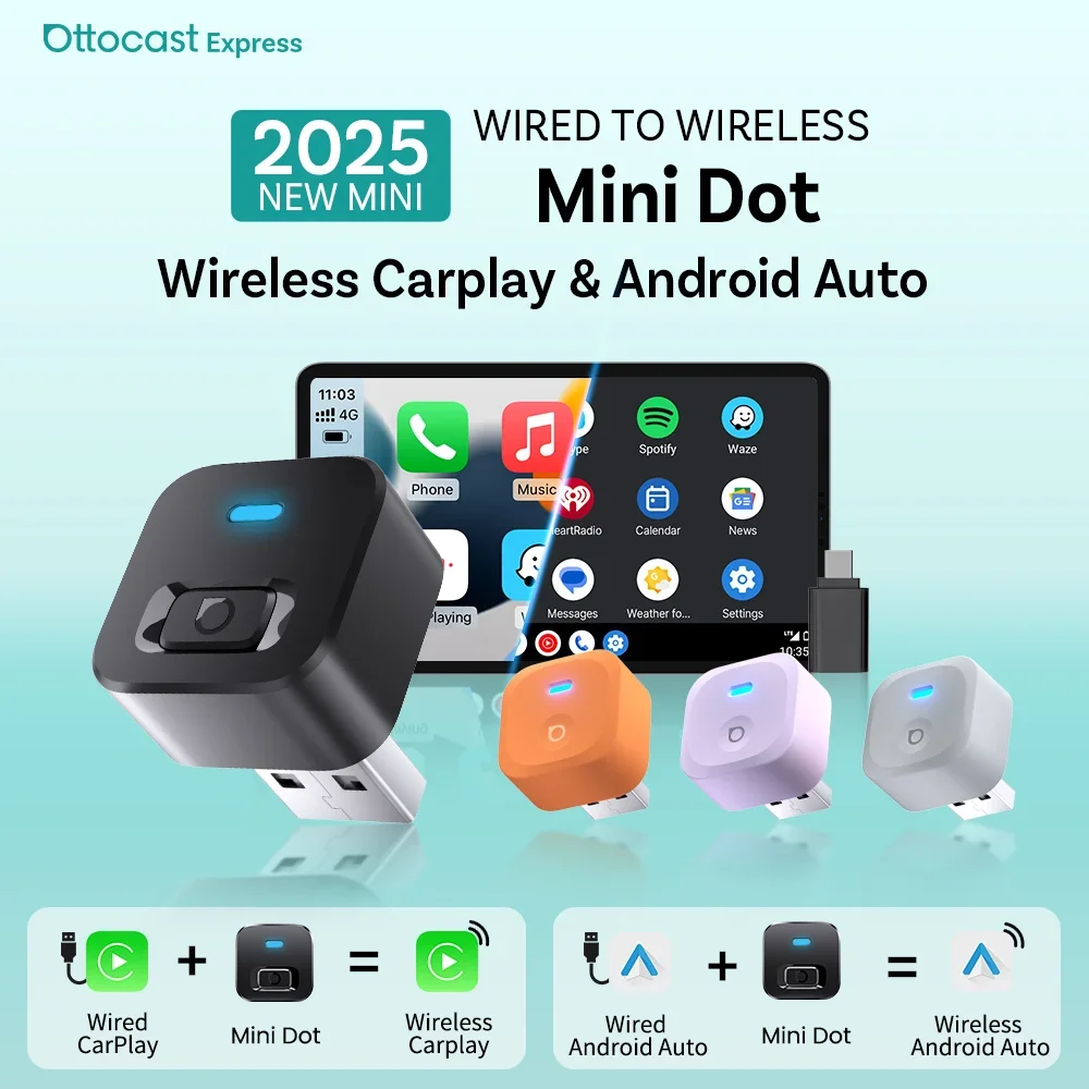 Ottocast Mini Dot Wireless CarPlay Android Auto Adapter USB Dongle Plug Play Bluetooth 5.2 Wifi Auto Connect for 98% of Cars