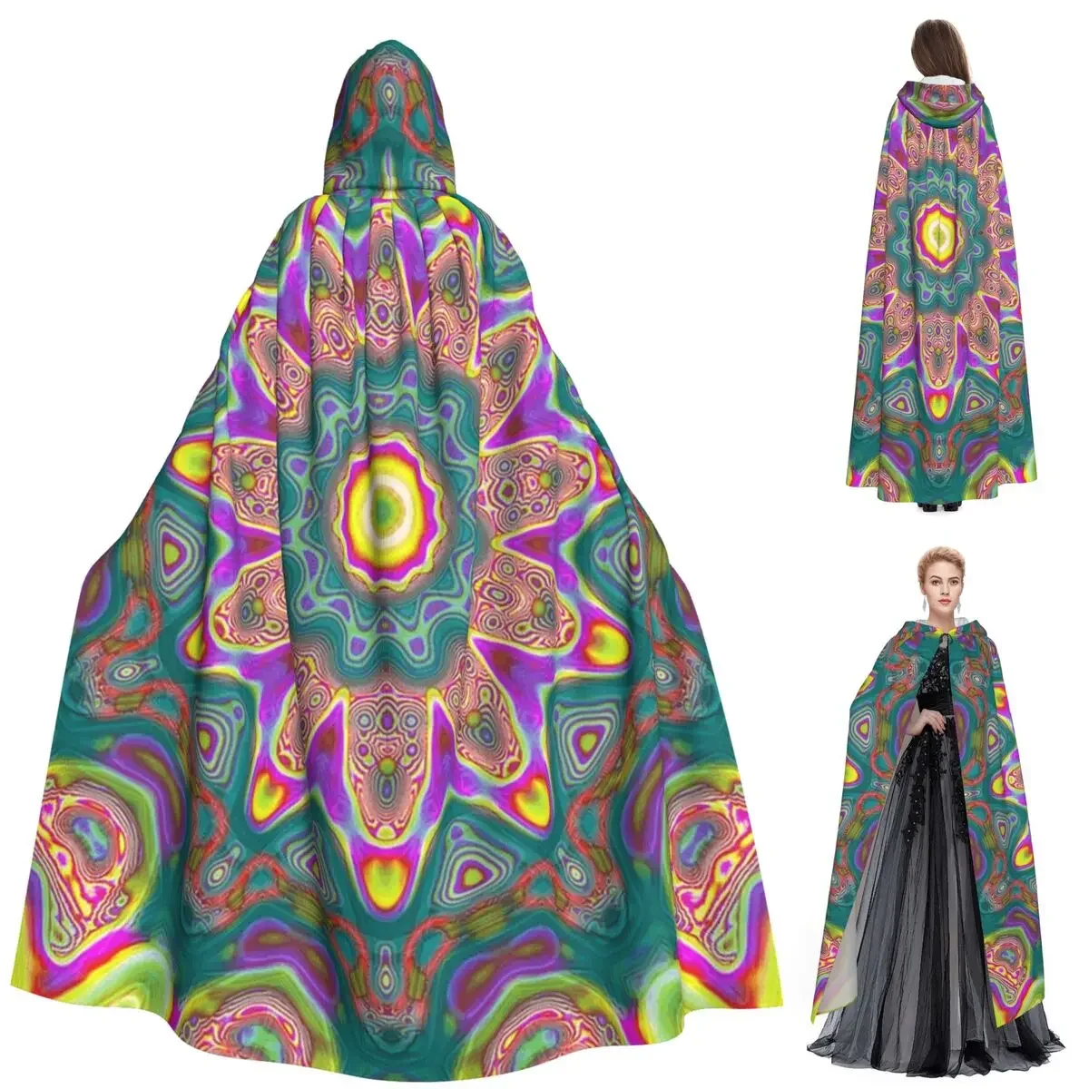 Custom Psychedelic Trippy Acid LSD Art Long Hooded Cloak Witch Medieval Costume Cosplay Cape HalloweenCoat Adult Unisex