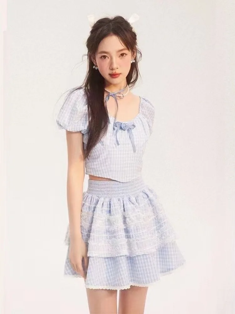 Y2K Women's Suits Crop Tops Mini Skirts Kawaii Sweet Ballet Blue Plaid Bubble Sleeve High Waist Cake Puffy Pleated Mini Skirt