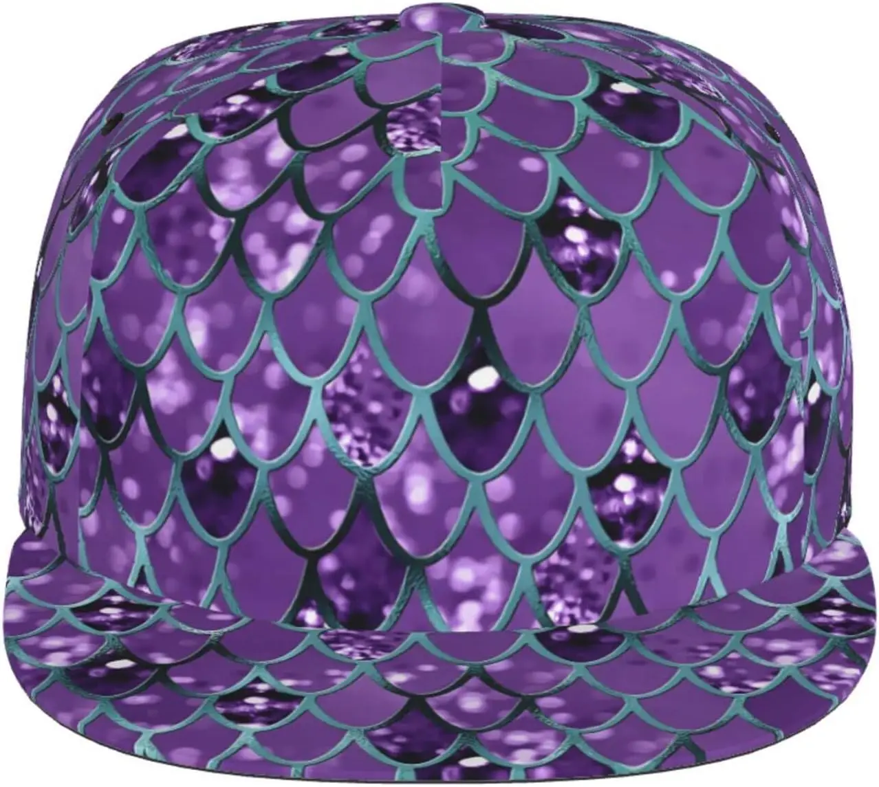 Purple Teal Mermaid Scales Flat Bill Hat, Unisex Snapback Baseball Cap Hip Hop Style Flat Visor Blank Adjustable