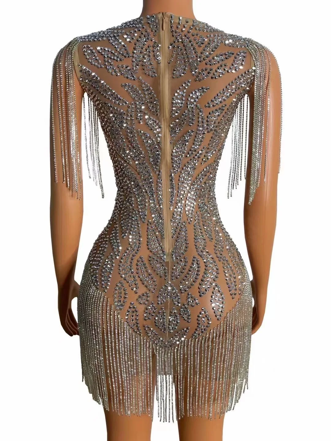 Nude Perspective Sleeveless Shining Rhinestones Tassel Sexy Sheath Dress For Women Nightclub Party Clothing Singer Stage Costume