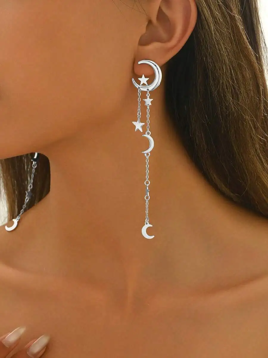 Crescent Moon And Star Dangle Earrings For Women Daily Wear Festival Gift