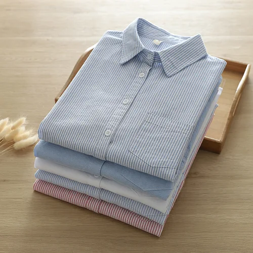 Camisa de manga larga con cuello vuelto para mujer, blusas elegantes con botones, Tops de oficina a rayas de algodón para otoño 2024