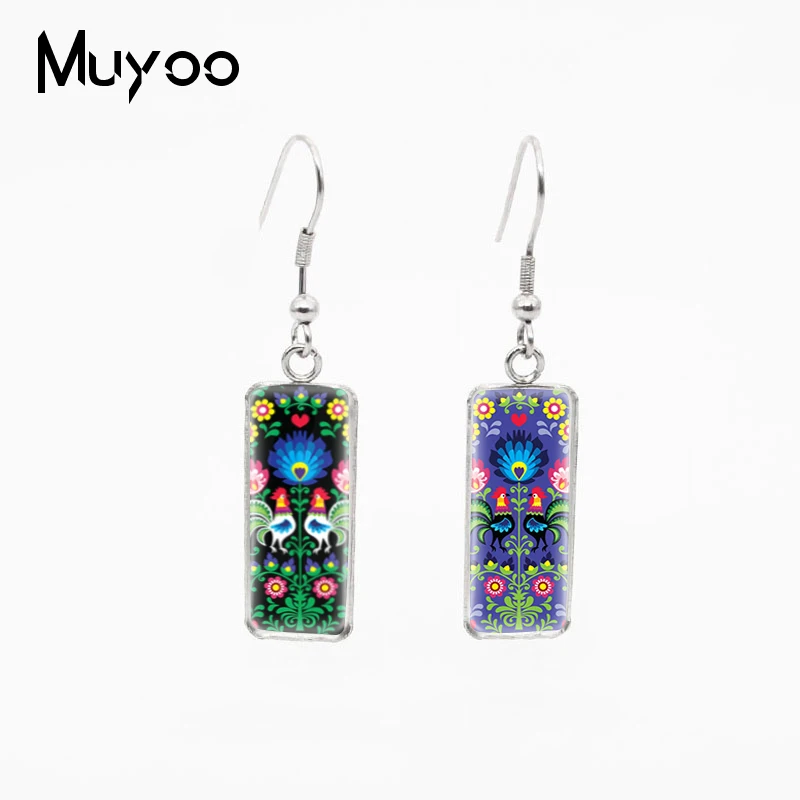 New Fashion Style Polish Folk Art Pattern Design Glass Cabochon Fish Hook Earrings Rectangle Shaped Pendants Jewelry Earrings