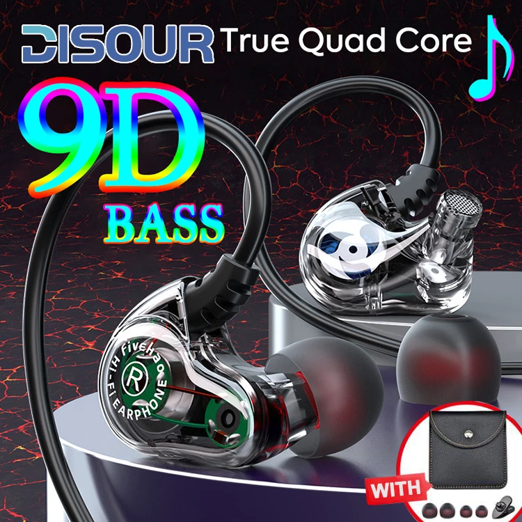 Quad-Core 9D Surround Bass Earphone In-Ear Monitor Headset Noise Canceling Earbuds Dual Dynamic Wired Headphones With HD Mic