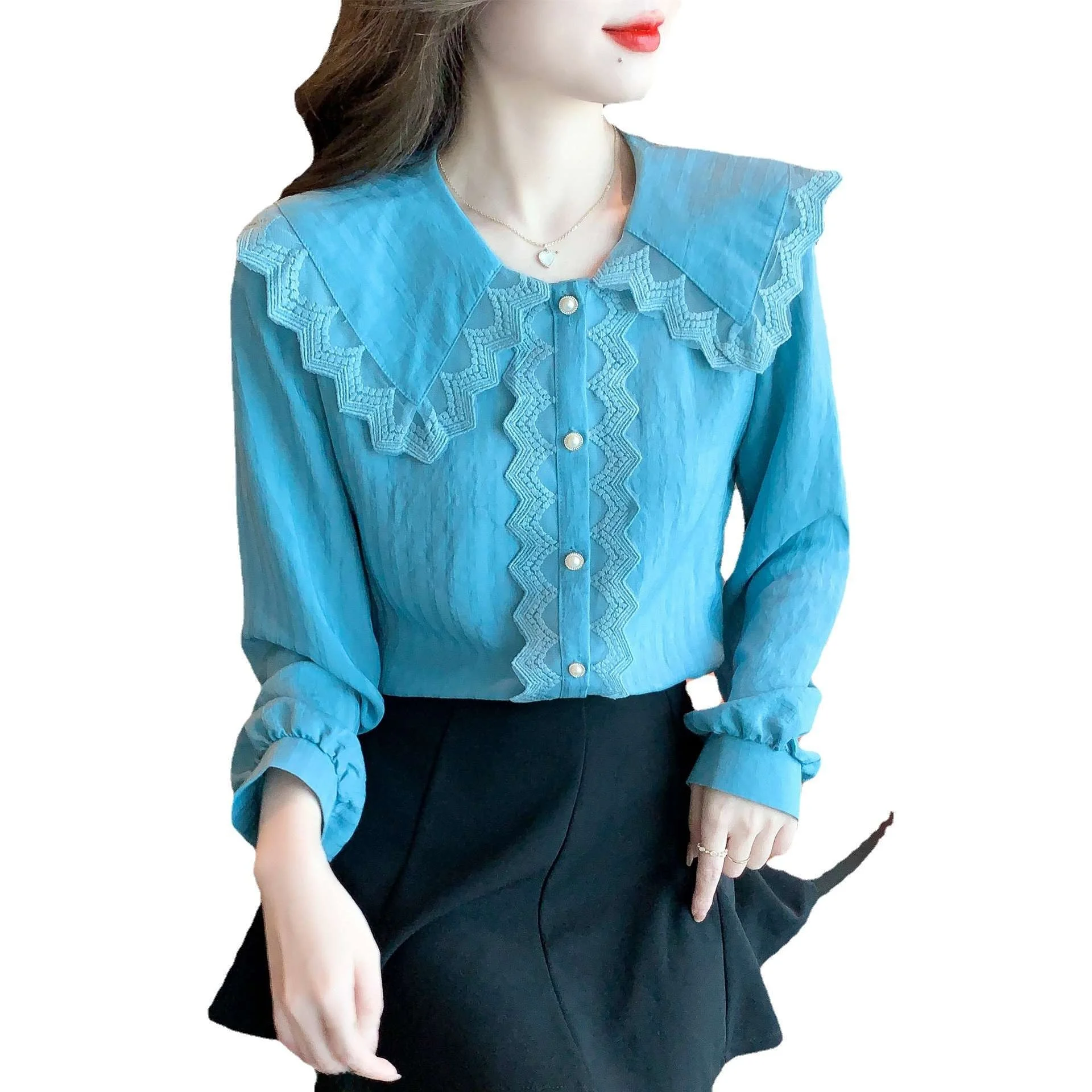 

Spring New European Sle Women's Chiffon irt Doll Collar Long Sve Pure Color Commute Sle Polyester Fiber 00%