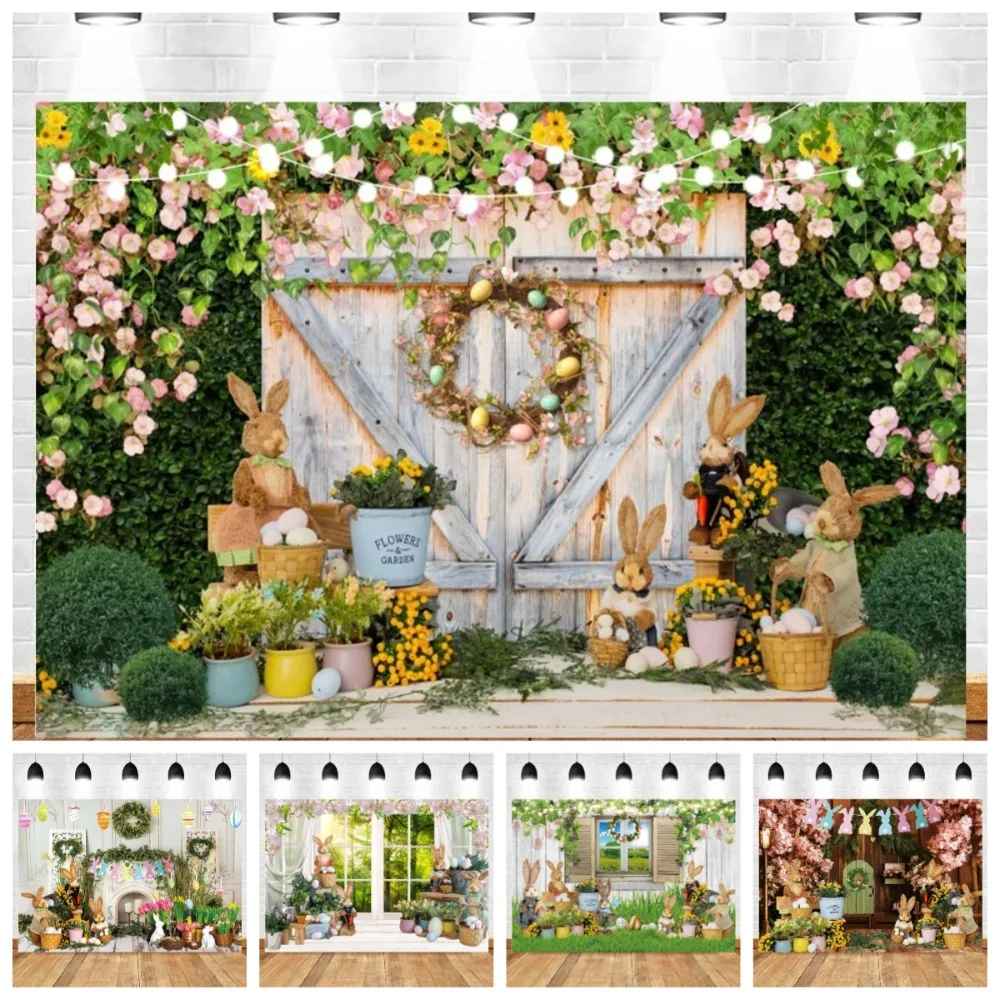 

Spring Easter Bunny Easter Egg Window Wooden Floor Banner Background, Children Birthday Party Decoration Photography Background