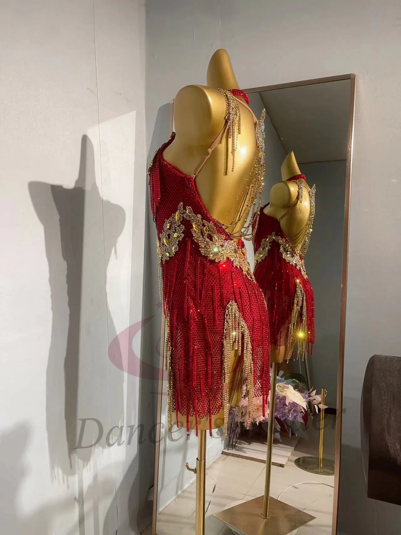 ชุดเต้นลาติน AB Stone สำหรับผู้หญิงและเด็ก รุ่นหรูหราสั่งตัดได้ แต่งเพชรแดงลายตาราง สำหรับการแสดงซัมบ้า