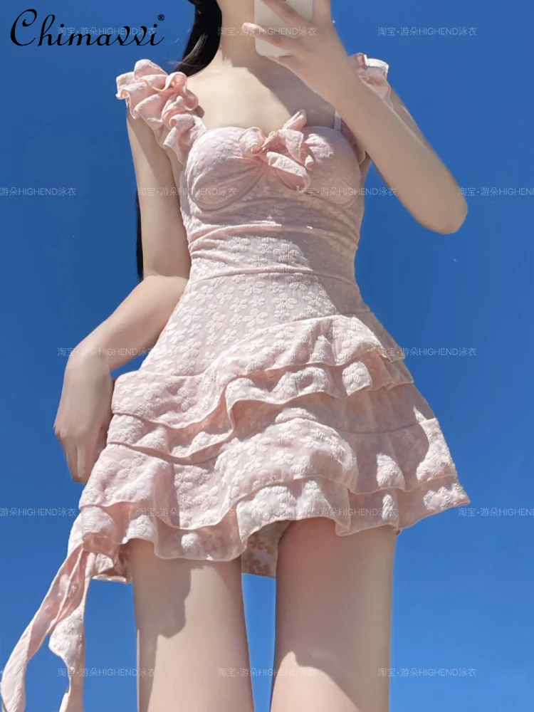 Sweet Princess Dress One-piece Swimsuit Female Cute Pink Girl Slim Flying Sleeve Hot Spring Swimwear Summer Fashion Beach Wear