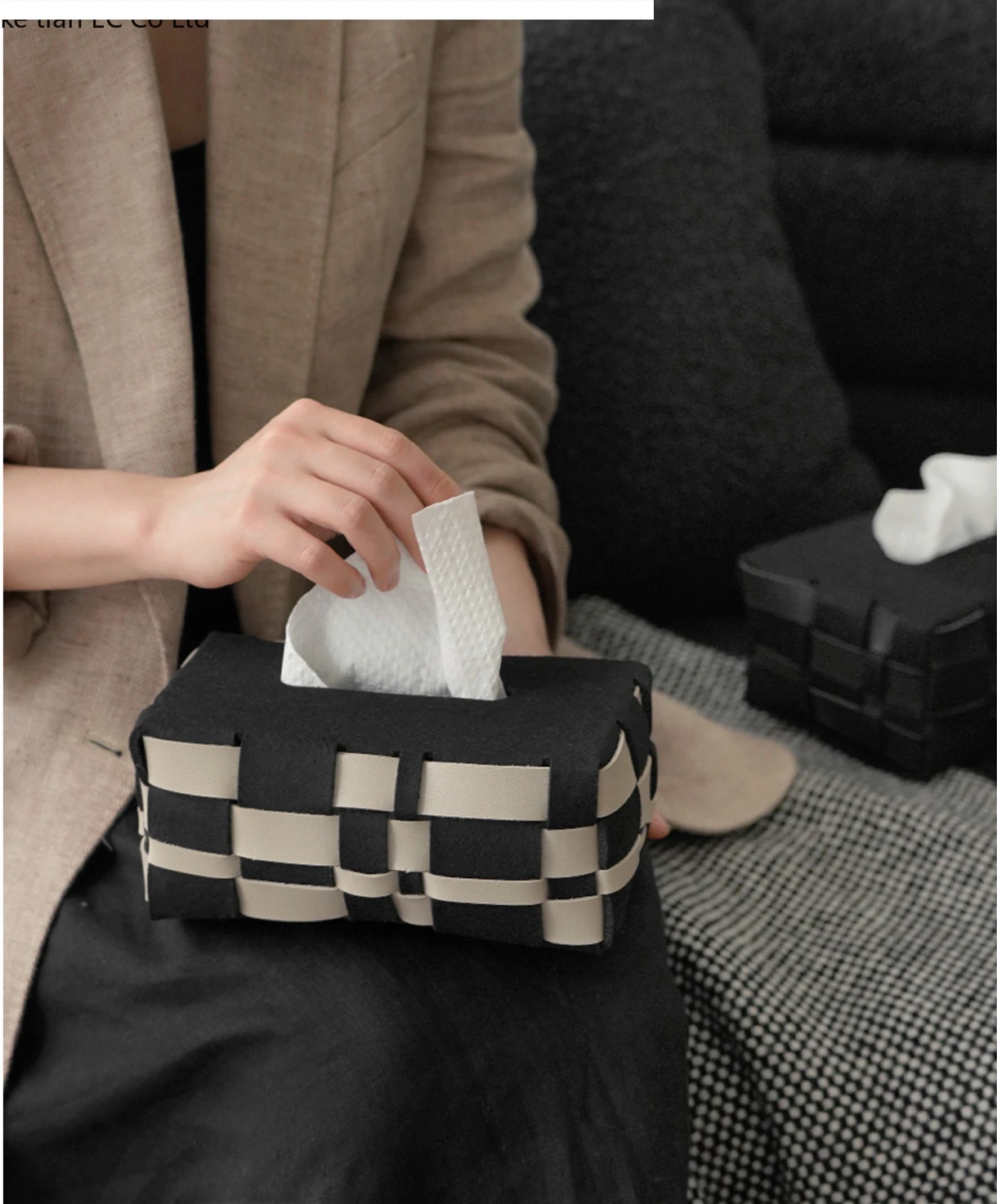 Checkerboard woven tissue box high-grade light luxury leather boxes home living room paper car holder