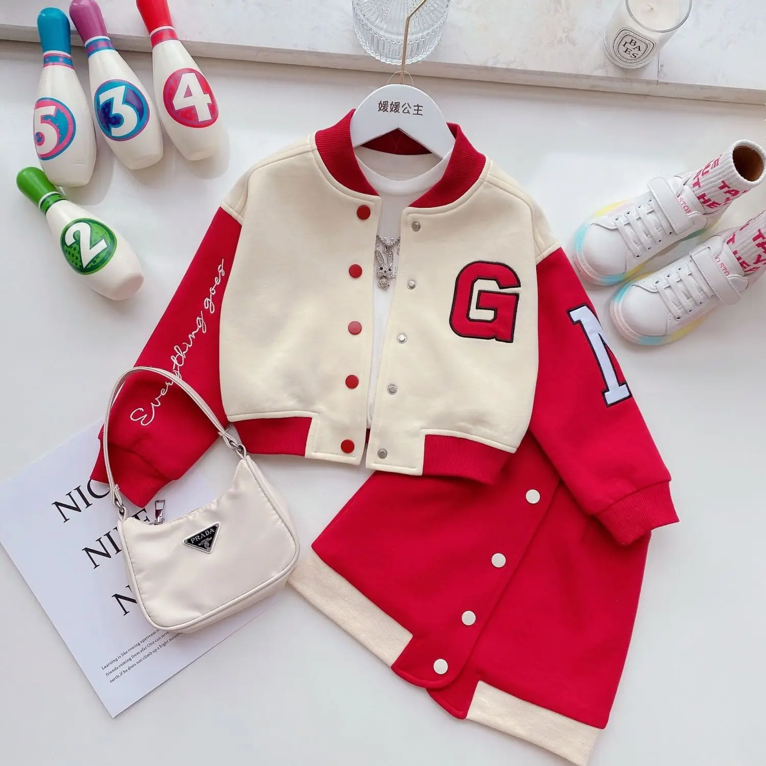 

2023 Teen Girls' Sets Baseball Coat Skirt Two Pieces Cartoon Letter Print Single Breasted Spring Autumn Korean 5-14 Years Old