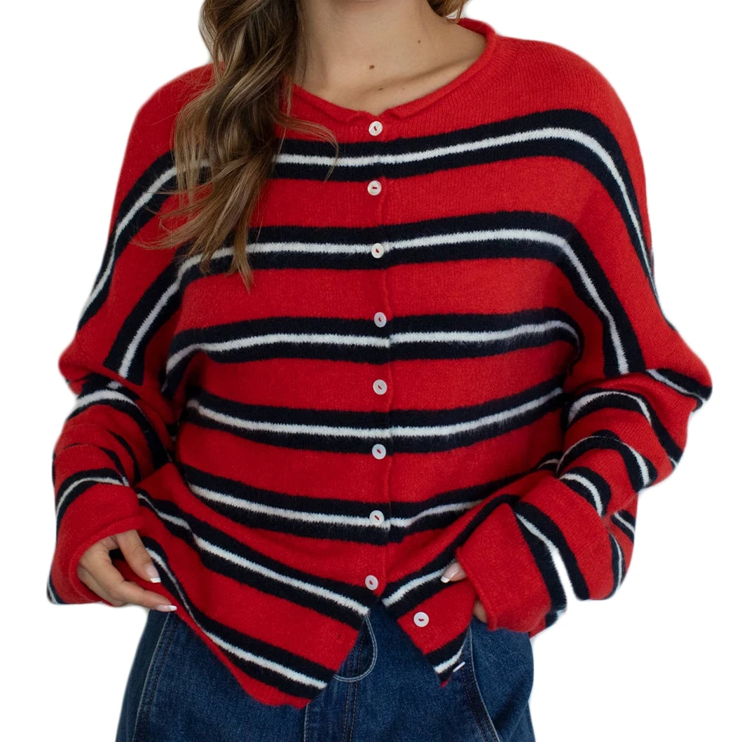 เสื้อสตรีลายทางติดกระดุมแขนยาว คอกลม สไตล์ลำลอง เสื้อสเวตเตอร์แบบสวมสำหรับฤดูใบไม้ร่วง เสื้อคาร์ดิแกนถักทันสมัยสำหรับใส่ในชีวิตประจำวัน