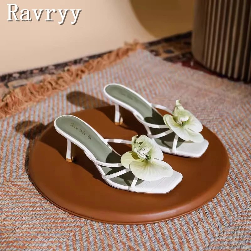 

Summer New Flower Decorative High Heel Sandals Women Designer Square Open Toe Slippers Sweet Girls Outwear Dress Beach Shoes