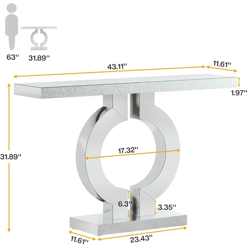 Mesa de consola con espejo y Base en forma de O para sala de estar, mesa de sofá de cristal de entrada moderna de 43 pulgadas con acabado de espejo, plateada