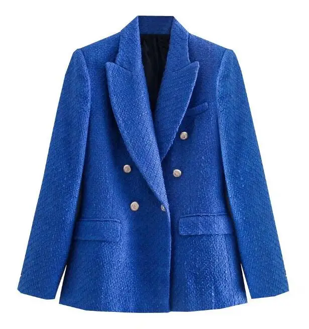 Jacket Women Fashion Double Breasted Tweed Blazer Coat Long Sleeve Female Outerwear Office Suit Tops