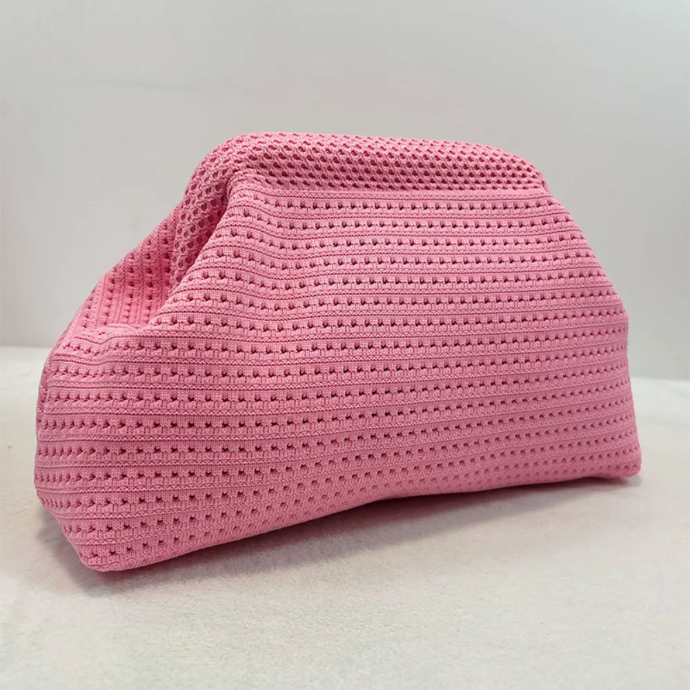 Solid Color Women Beach Clutch Bag Large Capacity Hollow Out Banquet Bag Soft Elastic Dumpling Purse Summer Crochet Handbag