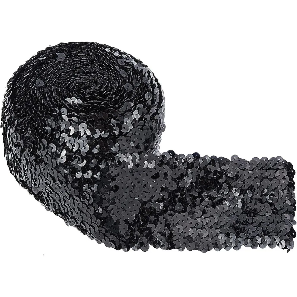 5.5 Yards 3 Inch Wide Sequin Trim Black Elastic Sequin Ribbon Flat Sequins Paillette Lace Trim Stretch Bling Paillette Ribbon