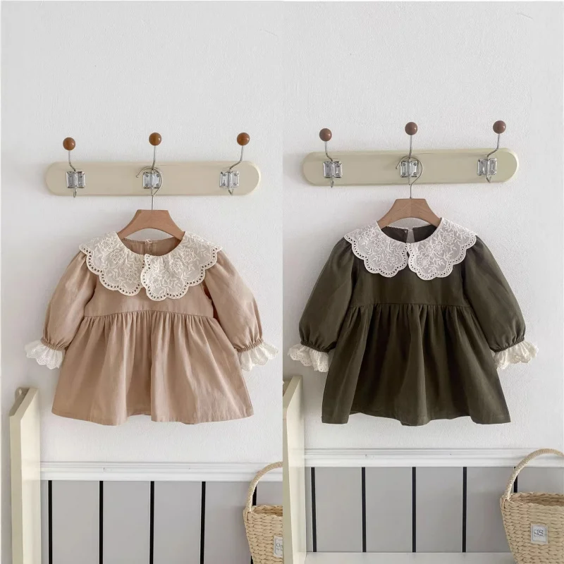 

Children's dress for girls, stylish spring and autumn style, lace trim, turn-down collar, long-sleeved, cute princess dress for