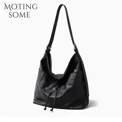 Motingsome morbida borsa in pelle di vacchetta stile pigro per le donne fiocco nappa spalla spaziosa Tote Casual Messenger Tote nero 2024 nuovo