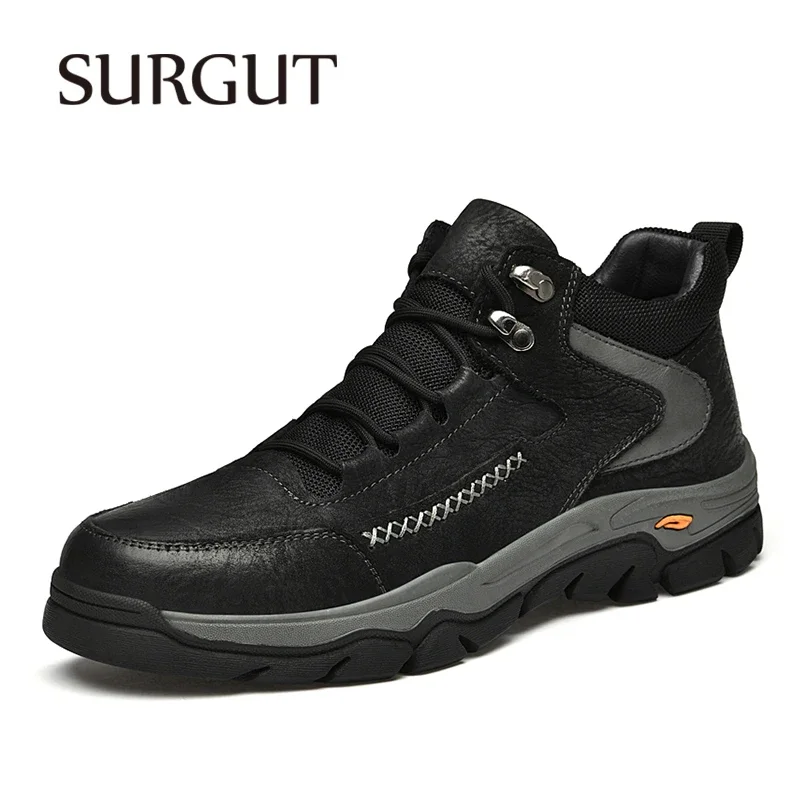 SURGUT Men\'s Winter Boots Warm Plush Men\'s Snow Boots Quality Leather Waterproof Men Sneakers Outdoor Men Hiking Boots Work