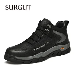 SURGUT Men's Winter Boots Warm Plush Men's Snow Boots Quality Leather Waterproof Men Sneakers Outdoor Men Hiking Boots Work