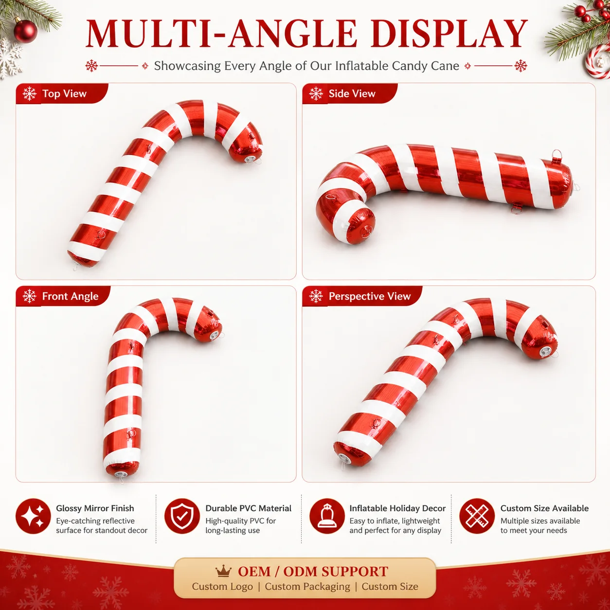 Giant Inflatable Christmas Ornament Balls, Candy Cane Decorations, Holiday Display Props for Outdoor Festival Events, 6ft Tall
