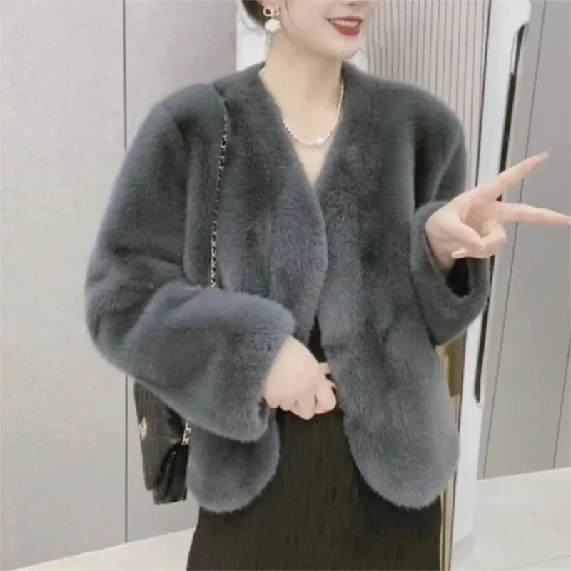 2024 Autumn and Winter New Rabbit Hair Imitate Fur Coat Women's Mink Fleece Coat Short Versatile Mesh Red Plush Coat Quilted Coa