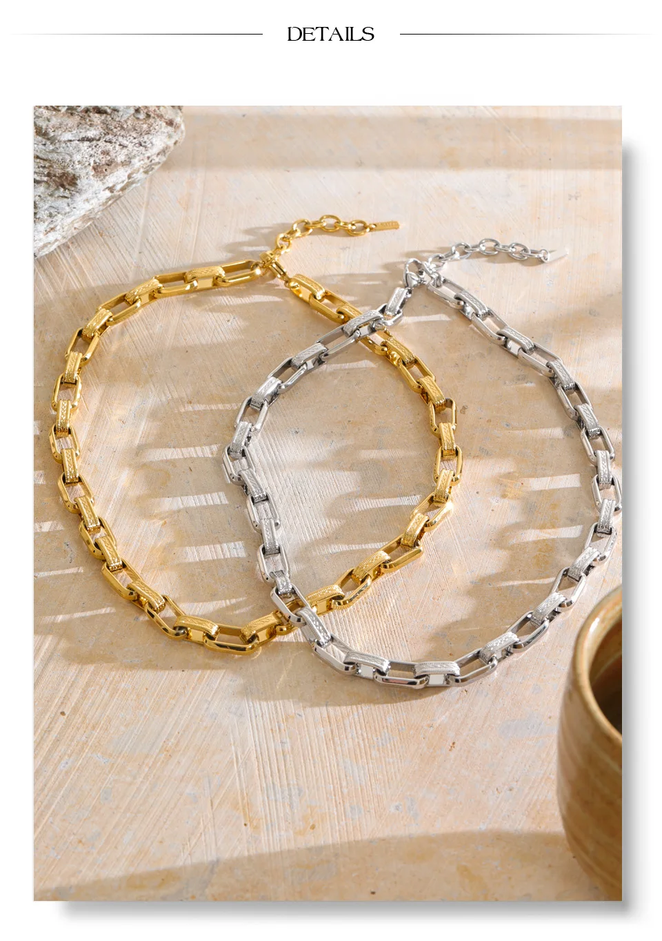 Yhpup Statement-Halskette aus Edelstahl, Schwerer Industriestil, 18K PVD-Beschichtung, Strukturierte Metallkette, Trendiger Schmuck – Detail 7