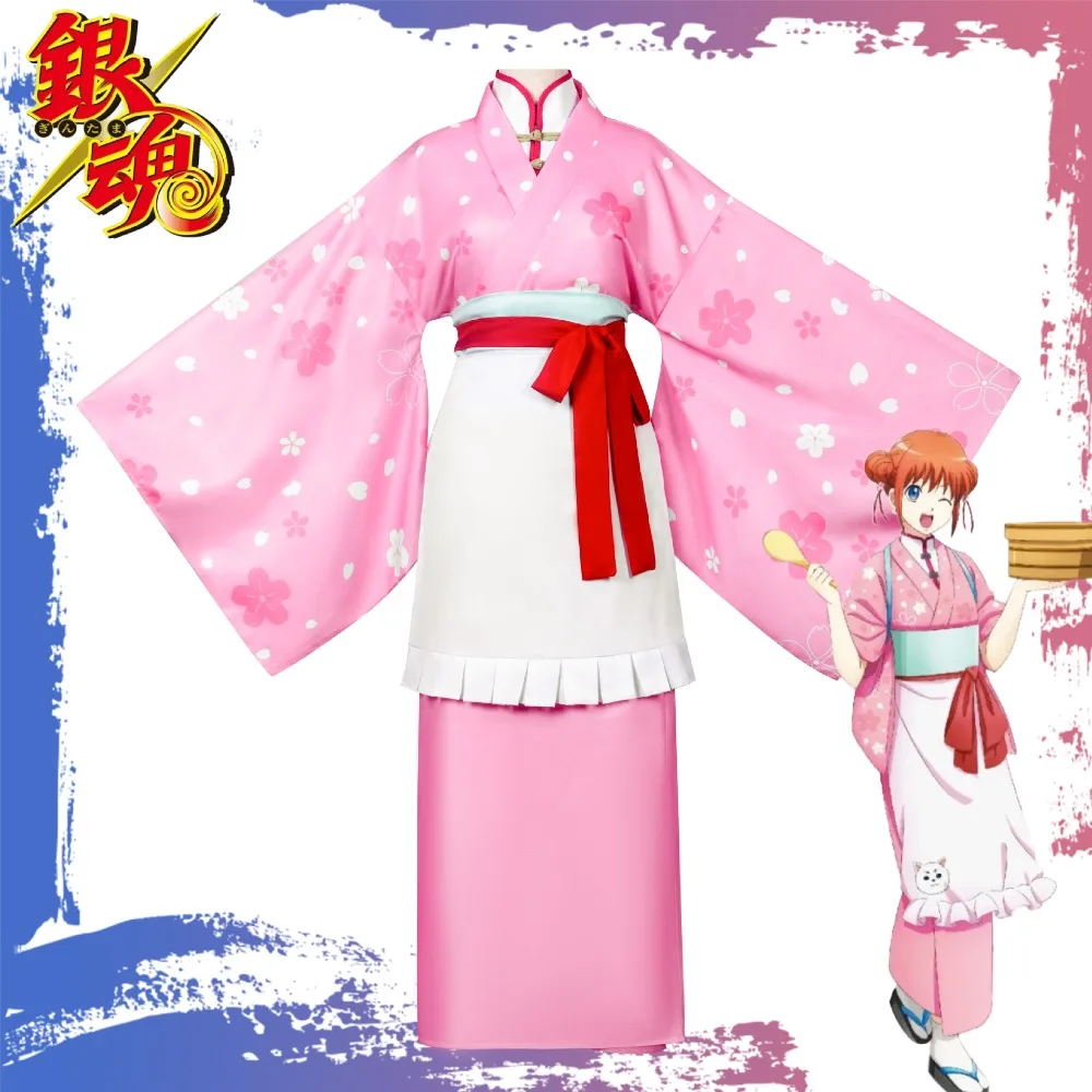 

Gintama Kagura Cosplay Costume Character Style Pink Cherry Blossom Print Apron Accessory Set Wig Halloween Anime Convention
