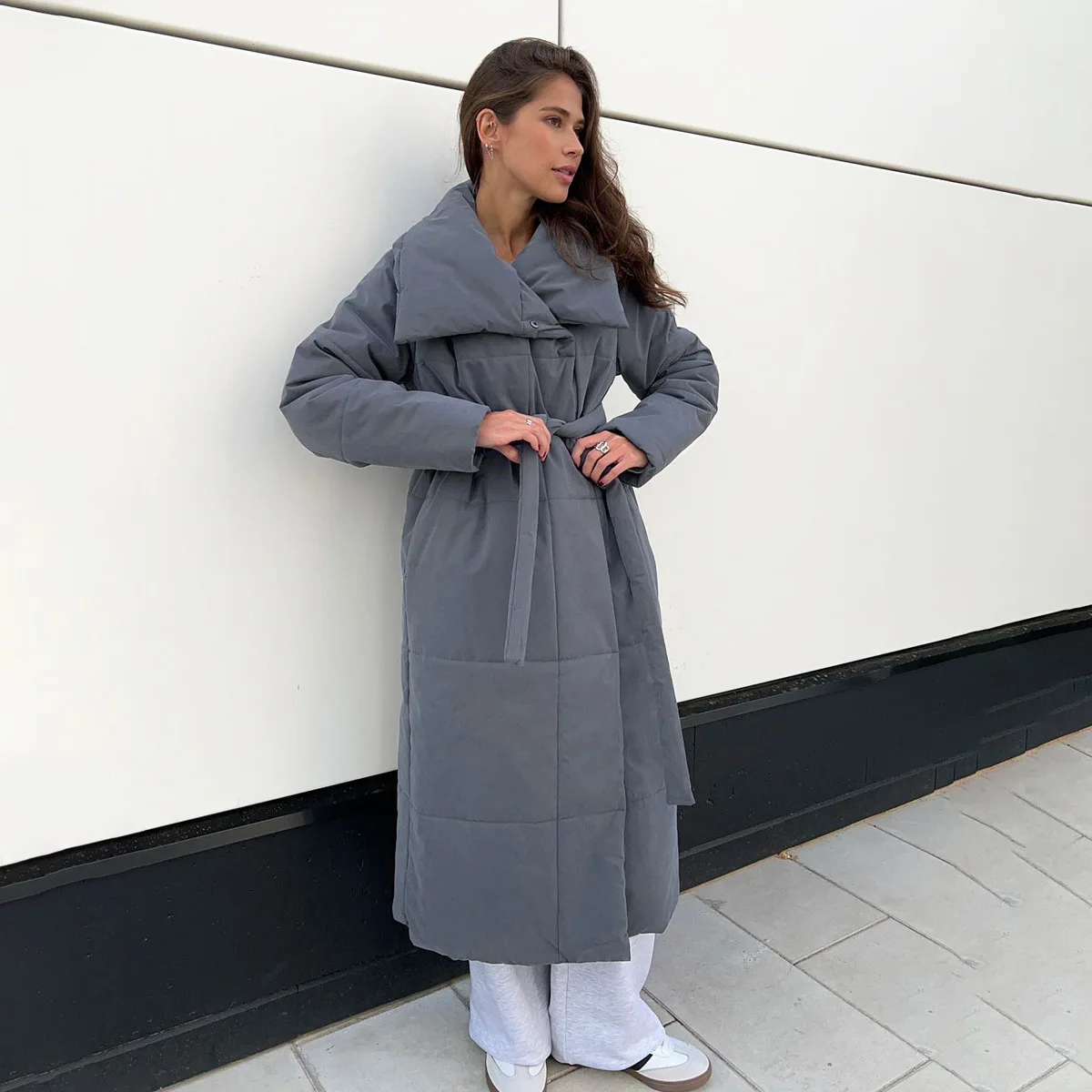 Women's Elegant Lapel Collar Belted Waist Long Sleeve Long Puffer Coat