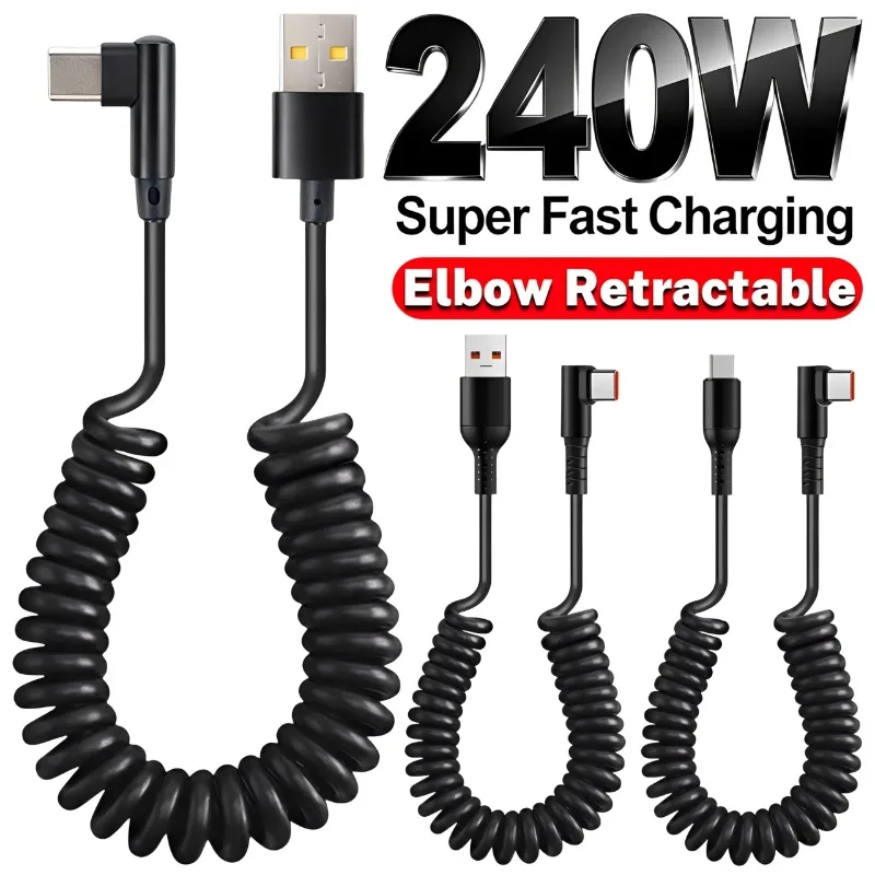 240W Super Quick Charging Type-C Cables USB C To C 90Degree Right Angle Retractable Charger Wire for iPhone 17 16 Samsung Xiaomi