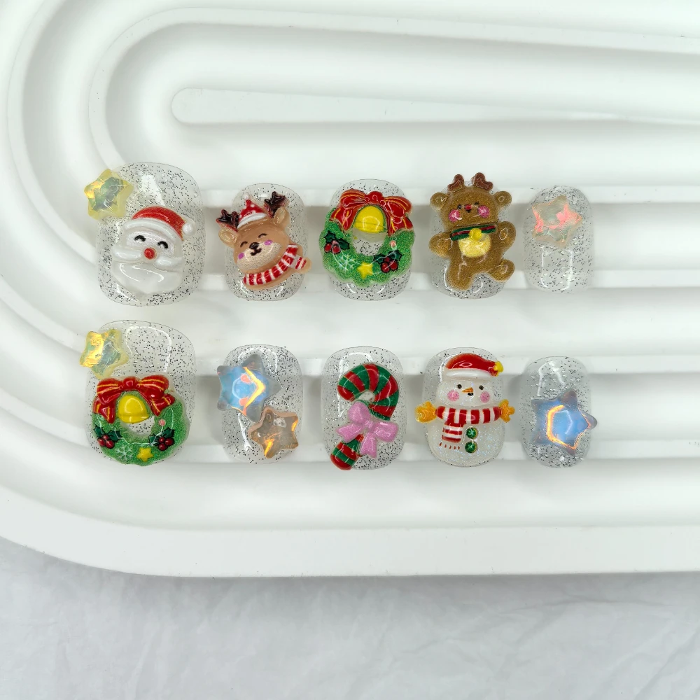 10 قطع الكرتون ستار جارلاند موس بريق اليدوية اضغط على الأظافر لطيف الشتاء ثلج عيد الميلاد الأظافر وهمية للإزالة قابلة لإعادة الاستخدام